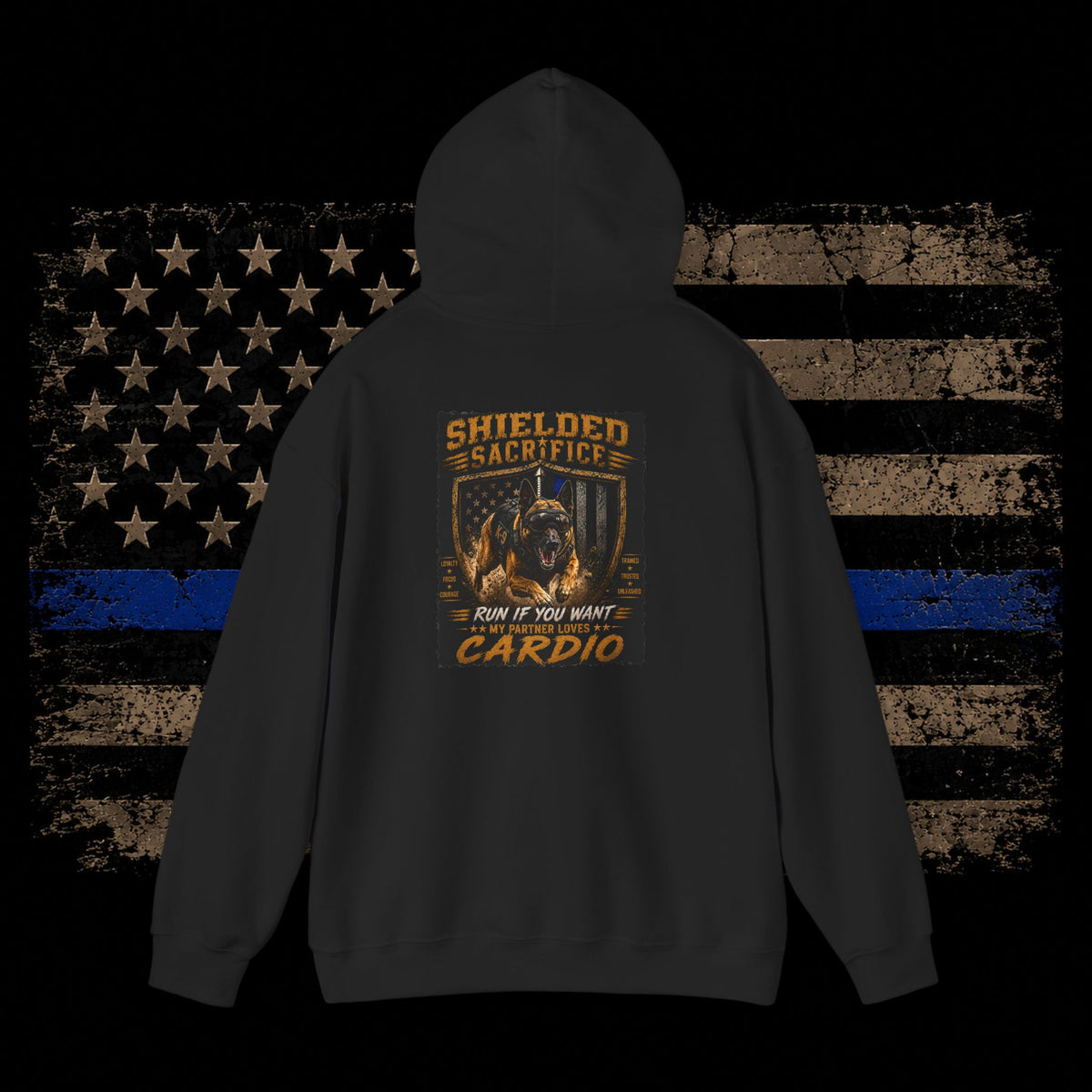 Shielded Sacrifice Hoodie — "Show No Mercy, Cardio" Tactical Gym Hoodie