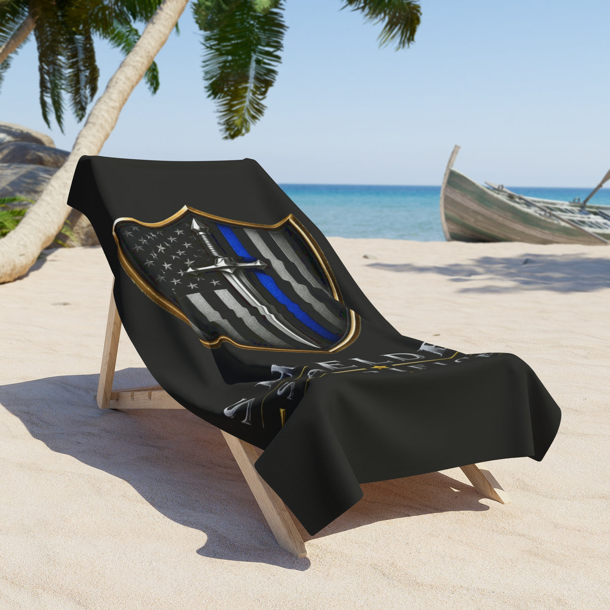 Thin Blue Line Shield Beach Towel — "Shielded by Sacrifice" Police Support Beach Towel