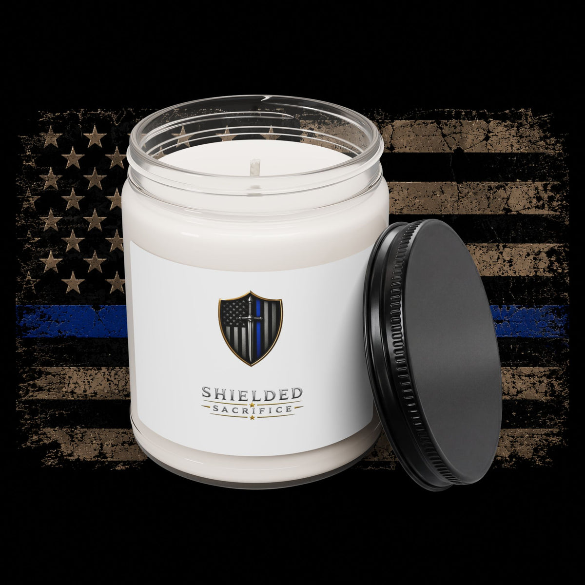 Shielded Sacrifice Logo Soy Candle — 9oz Scented Jar