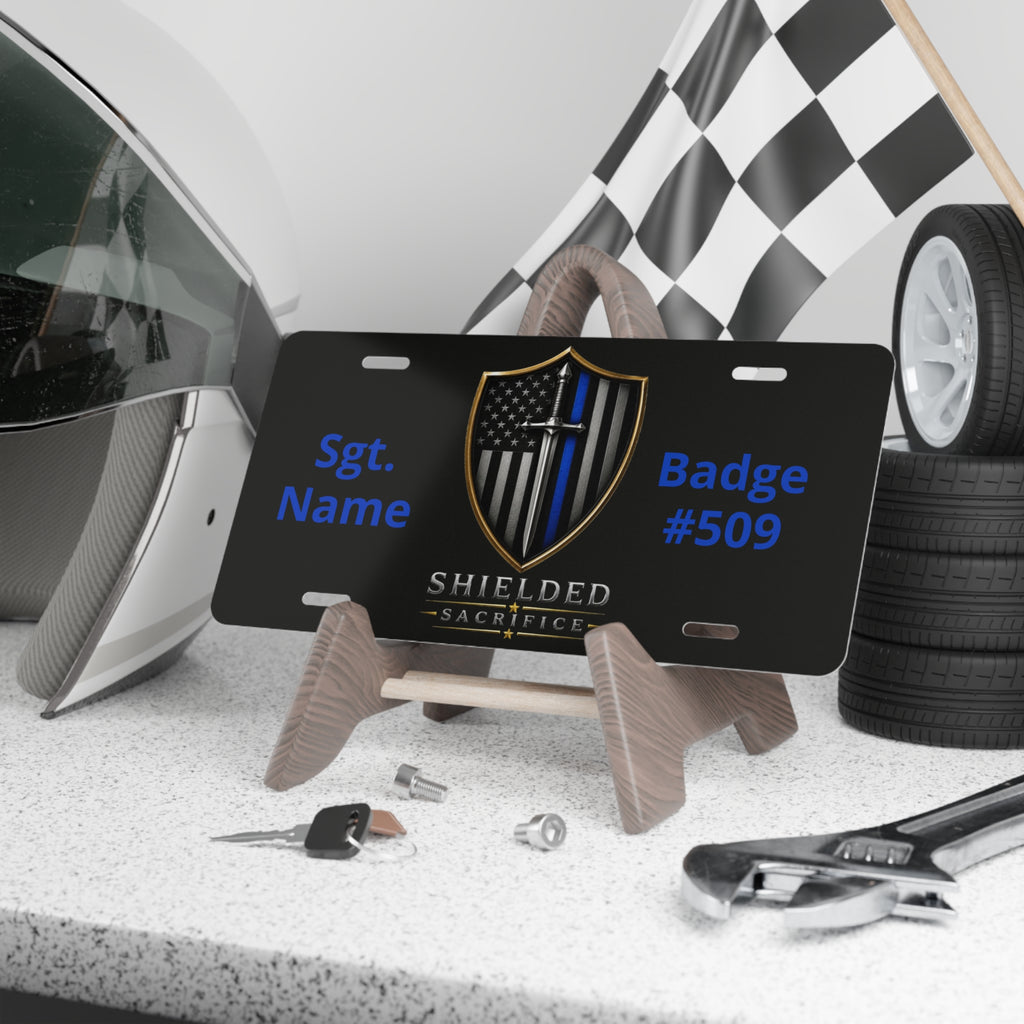 Thin Blue Line Shield Vanity Plate — Personalized Sgt. Name & Badge #509