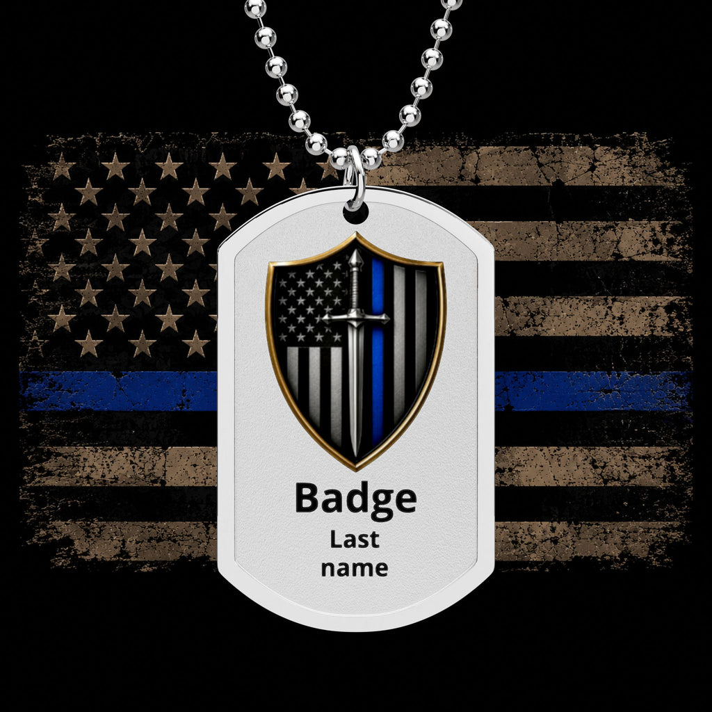 Thin Blue Line Shield Dog Tag Necklace — Shielded Sacrifice Peacekeeper