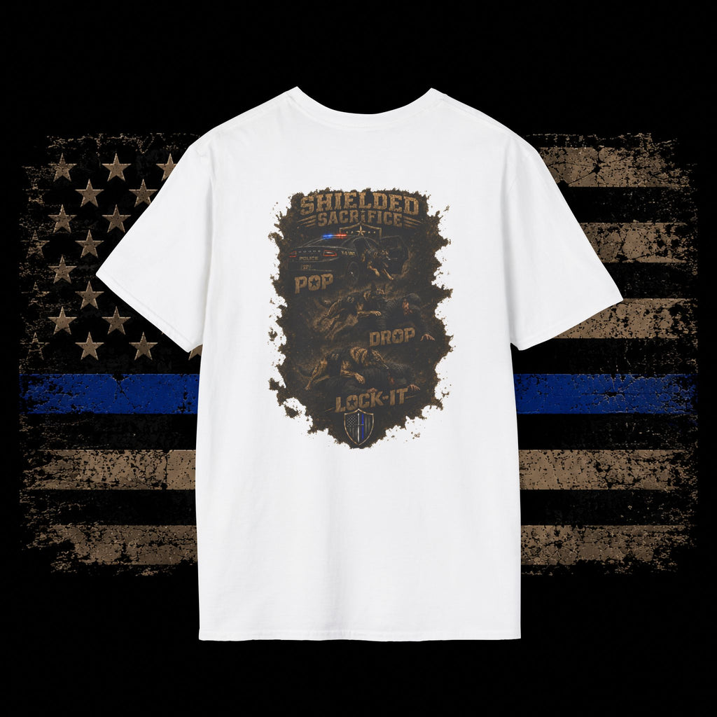 Pop, Lock, and Drop K9 T-Shirt — Small Shield Emblem Chest Print