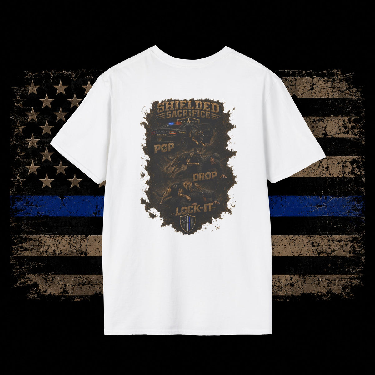 Pop, Lock, and Drop K9 T-Shirt — Small Shield Emblem Chest Print