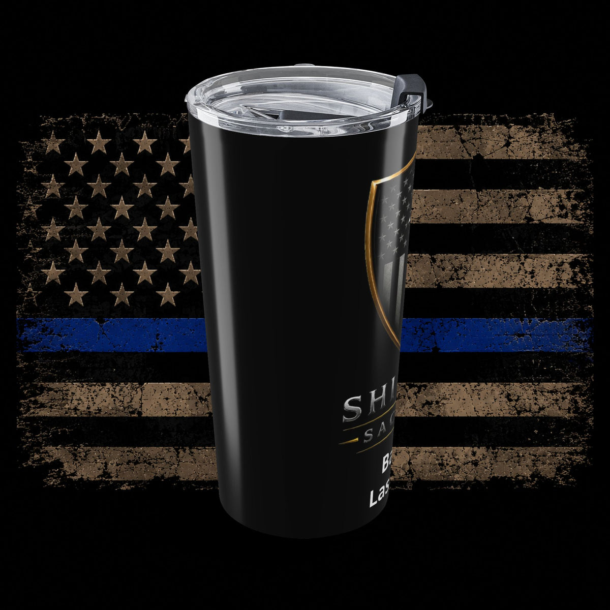 Thin Blue Line Insulated Tumbler — Shielded Sacrifice 20oz Shield Design