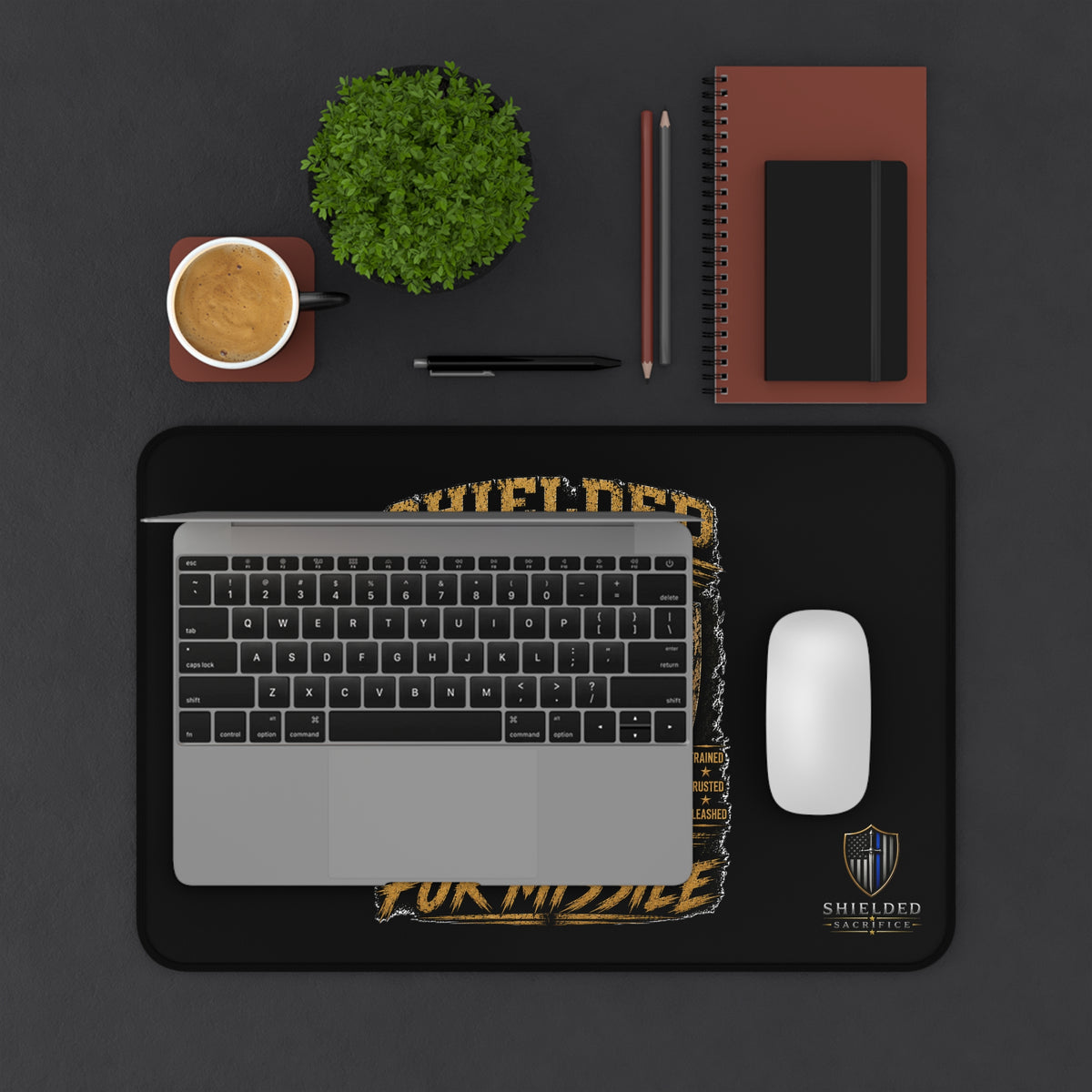 Desk Mat — "Shielded Sacrifice: Release the Fur Missile" Tactical Dog Gaming Desk Mat