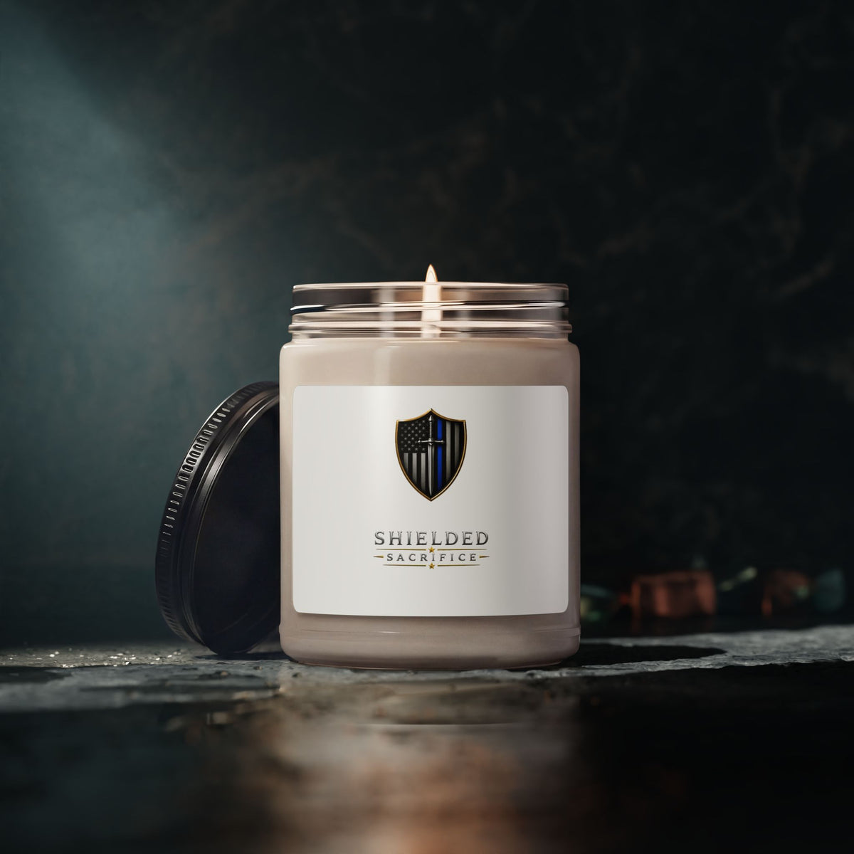 Shielded Sacrifice Logo Soy Candle — 9oz Scented Jar