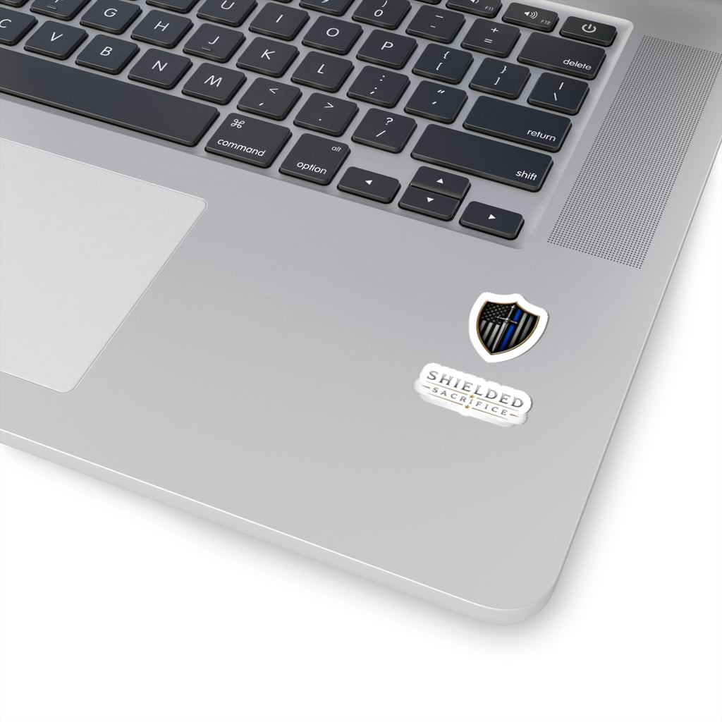 Thin Blue Line Shield Sticker — Shielded Sacrifice Kiss-Cut Vinyl Laptop Decal