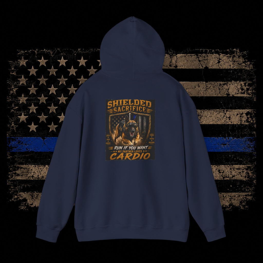 Shielded Sacrifice Hoodie — "Show No Mercy, Cardio" Tactical Gym Hoodie
