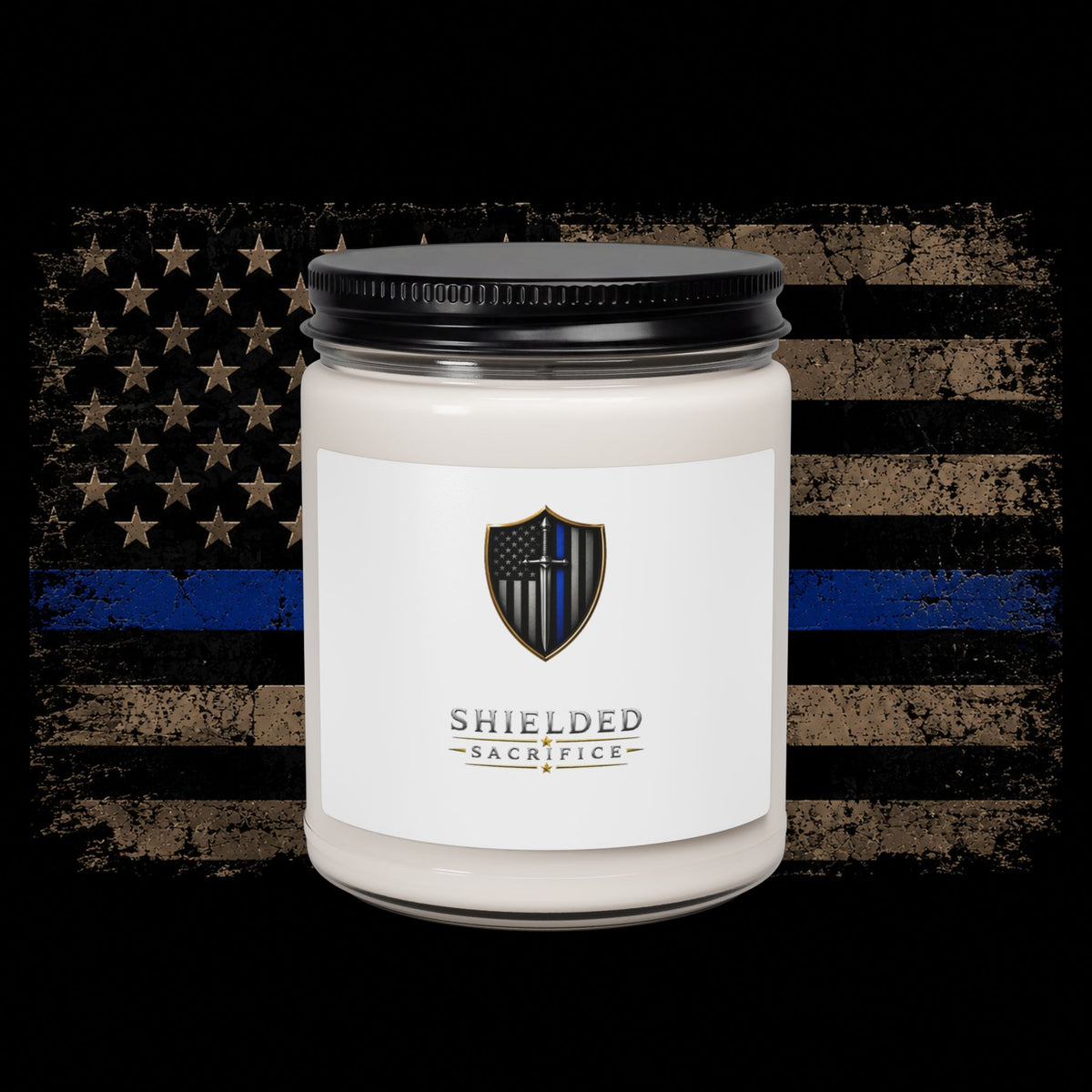 Shielded Sacrifice Logo Soy Candle — 9oz Scented Jar