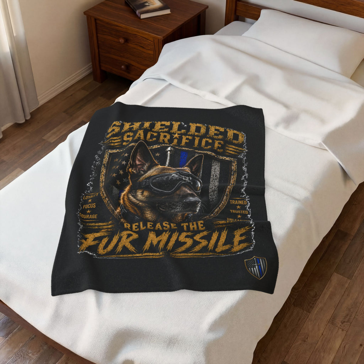 K9 Handler Plush Blanket — "Release the Fur Missile" Thin Blue Line Tribute