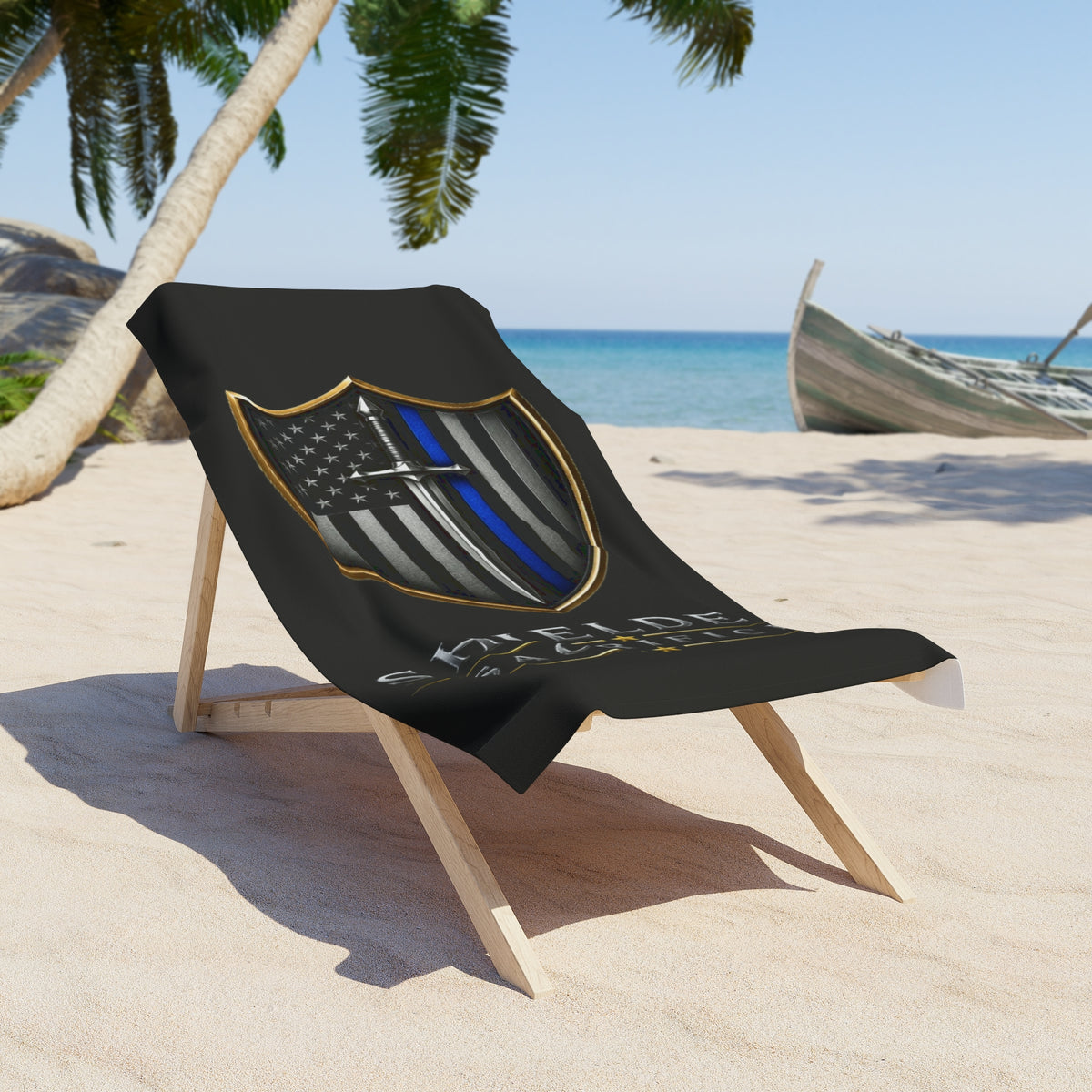 Thin Blue Line Shield Beach Towel — "Shielded by Sacrifice" Police Support Beach Towel