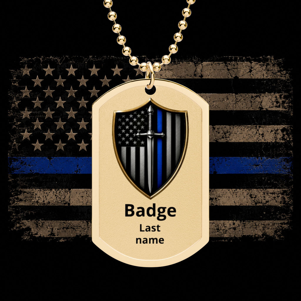 Thin Blue Line Shield Dog Tag Necklace — Shielded Sacrifice Peacekeeper