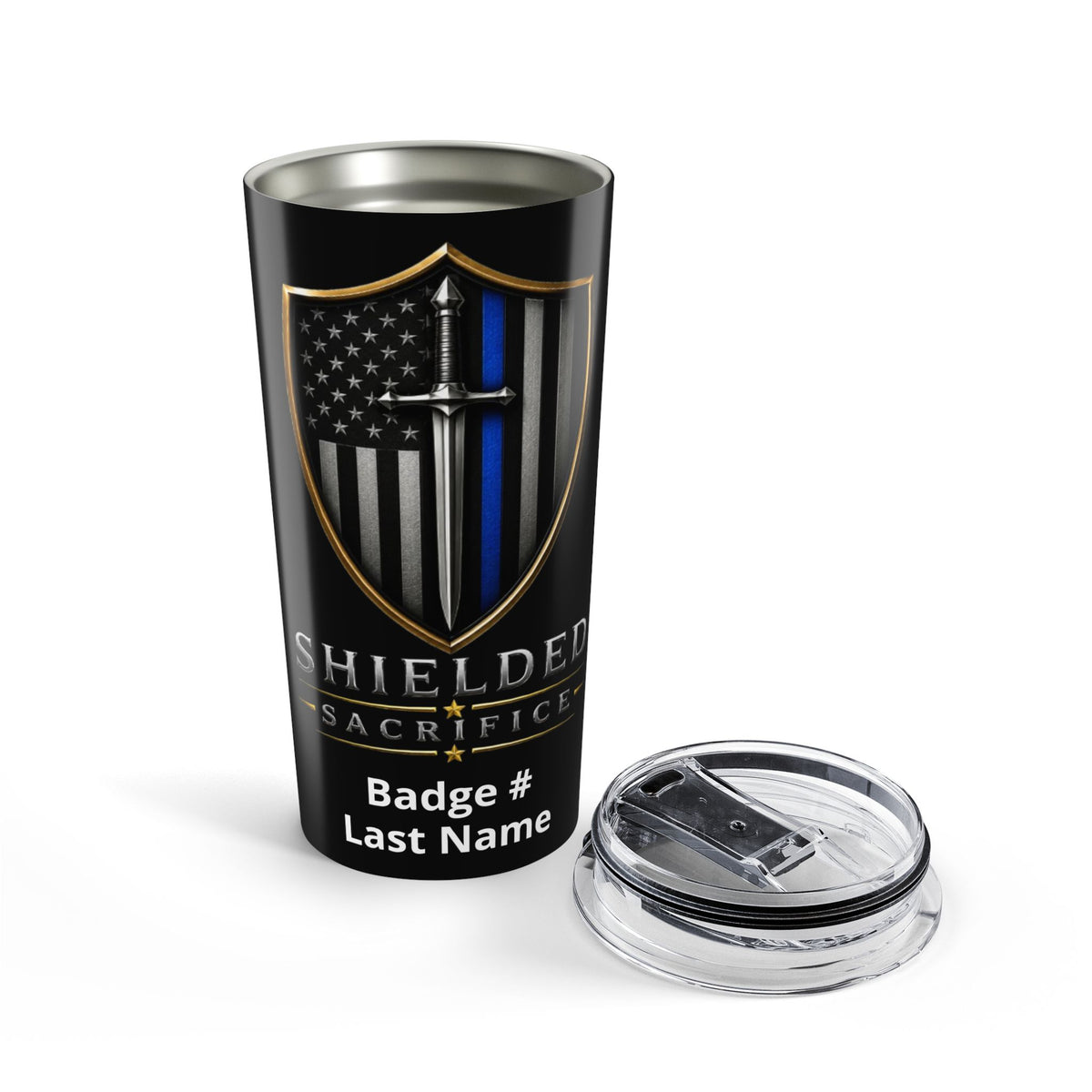 Thin Blue Line Insulated Tumbler — Shielded Sacrifice 20oz Shield Design