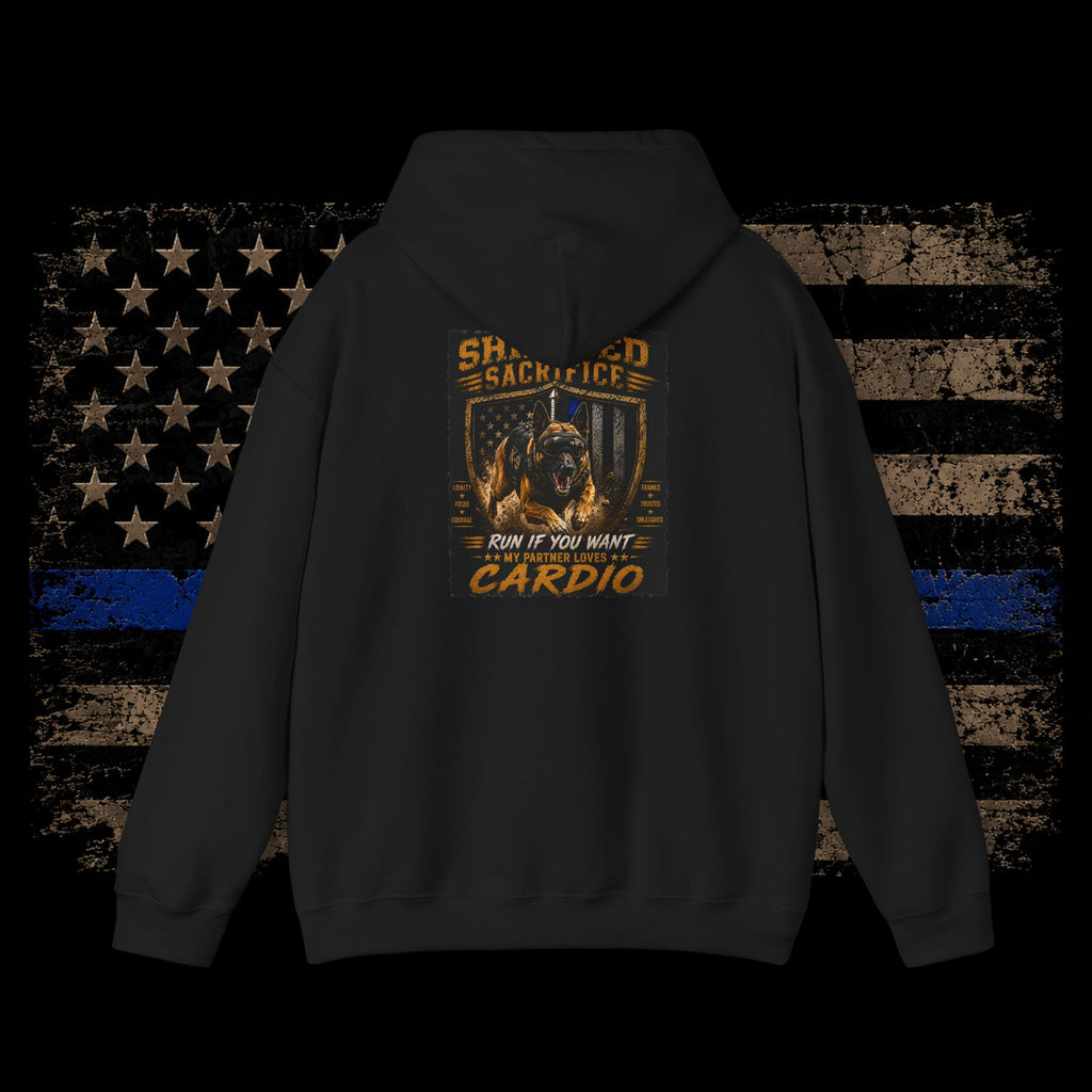 Shielded Sacrifice Hoodie — "Show No Mercy, Cardio" Tactical Gym Hoodie