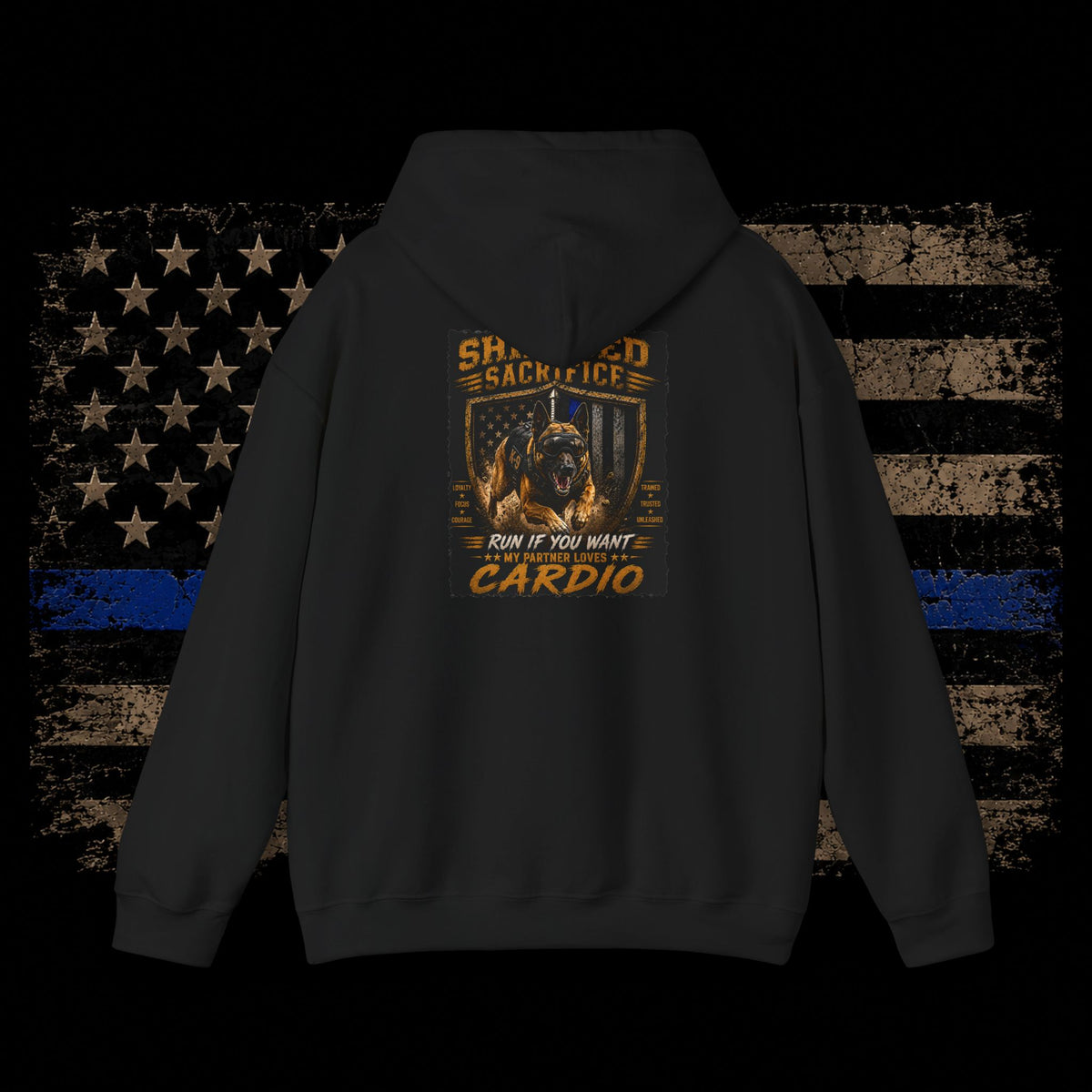 Shielded Sacrifice Hoodie — "Show No Mercy, Cardio" Tactical Gym Hoodie