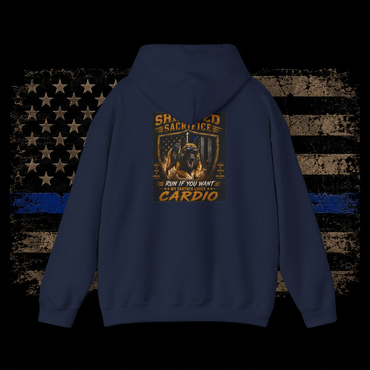 Shielded Sacrifice Hoodie — "Show No Mercy, Cardio" Tactical Gym Hoodie
