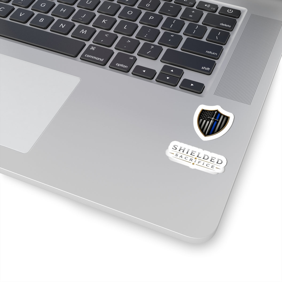 Thin Blue Line Shield Sticker — Shielded Sacrifice Kiss-Cut Vinyl Laptop Decal
