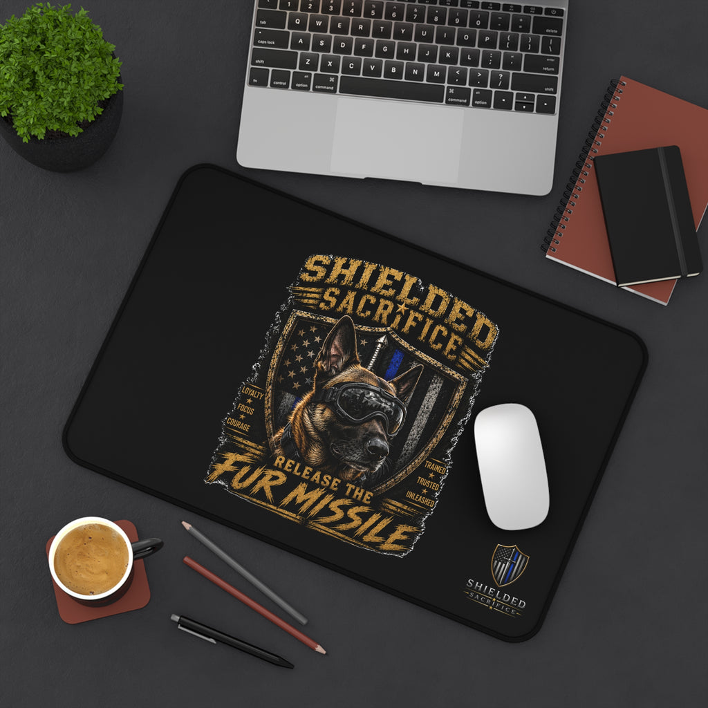 Desk Mat — "Shielded Sacrifice: Release the Fur Missile" Tactical Dog Gaming Desk Mat