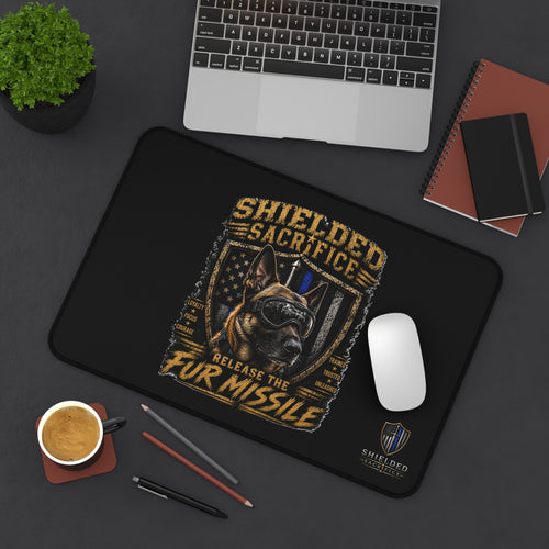 Desk Mat — "Shielded Sacrifice: Release the Fur Missile" Tactical Dog Gaming Desk Mat