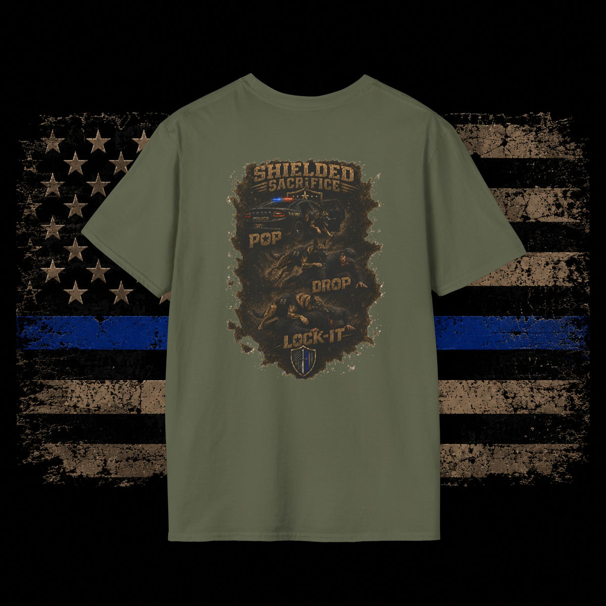 Pop, Lock, and Drop K9 T-Shirt — Small Shield Emblem Chest Print